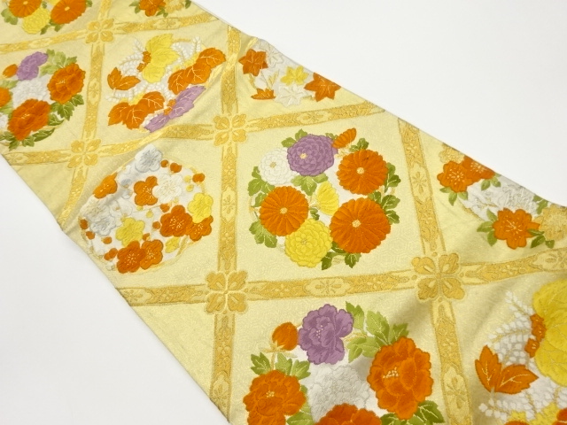 菱に草花・亀甲模様織出し袋帯